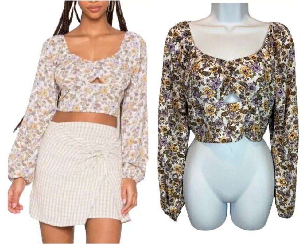 Hollister Women's Long Sleeve Cut-Out Melrose Retro Floral Crop Top Size M